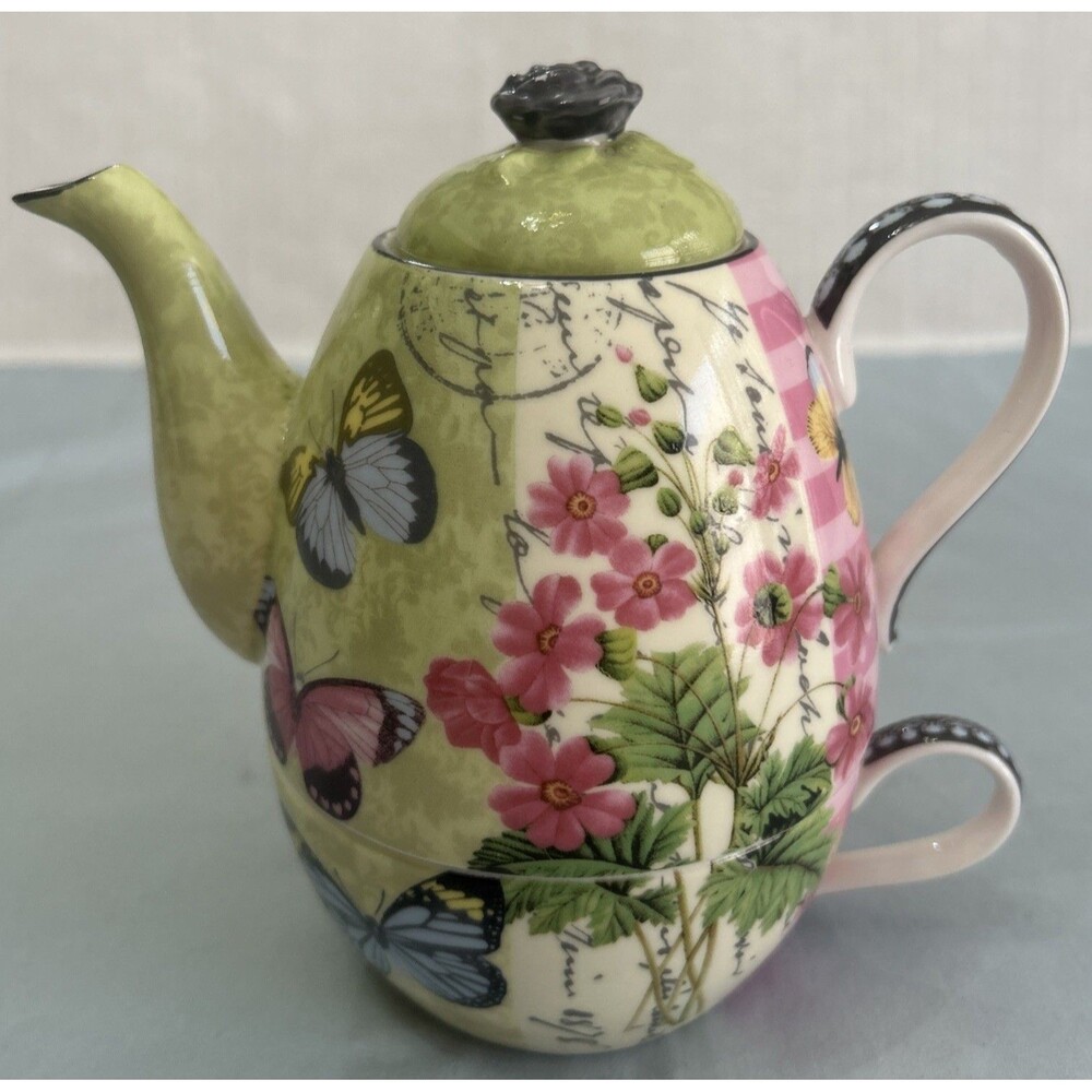 Porcelain Tea for One Stackable Teapot & Mug Butterfly Garden Theme